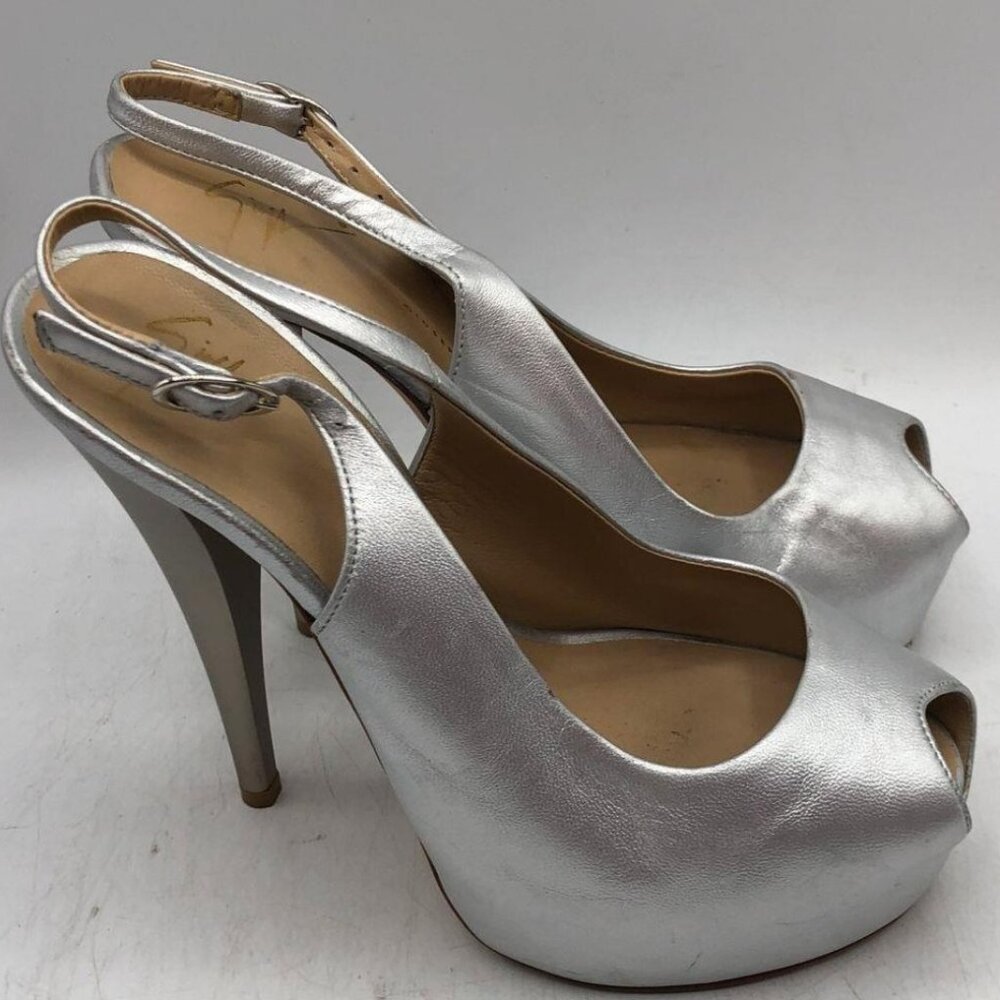 Giuseppe Zanotti Silver Leather Slingback Heels - Made in Italy – Size 6